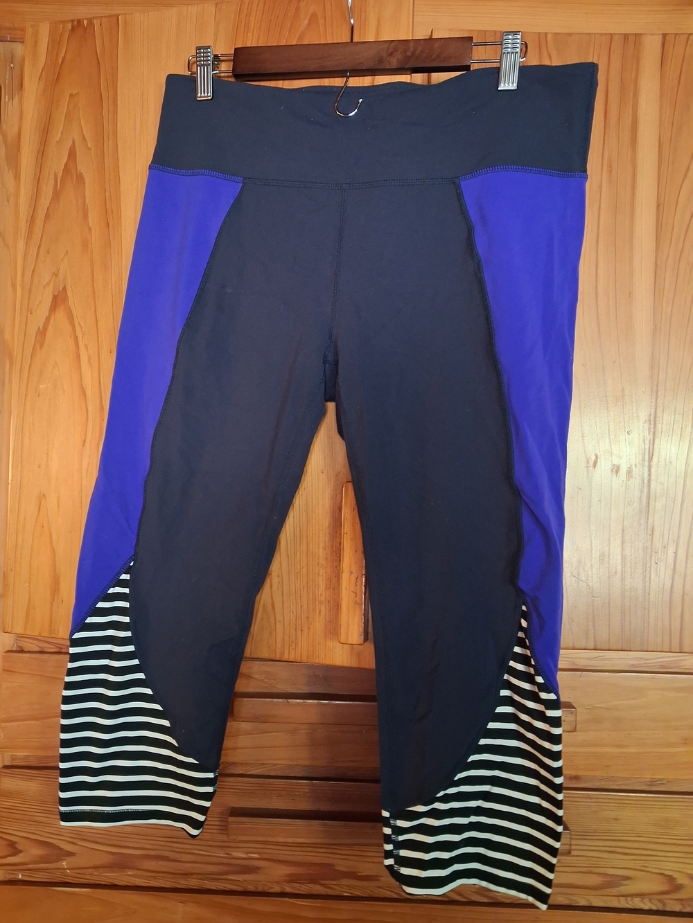 Athleta Black and Purple Colorblock Leggings with Striped Cuffs